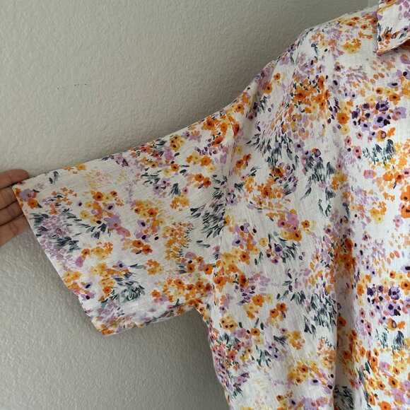 H&M Linen Button Up Crop Shirt Slouchy Sleeve Multicolor Floral Print Lightweigh - Picture 5 of 10